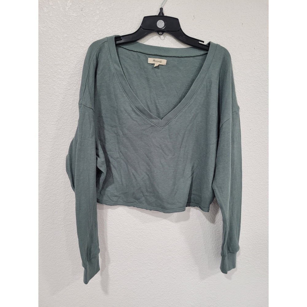 Madewell Women's Cropped V Neck Long Sleeve Sweatshirt‎ Green XS #19